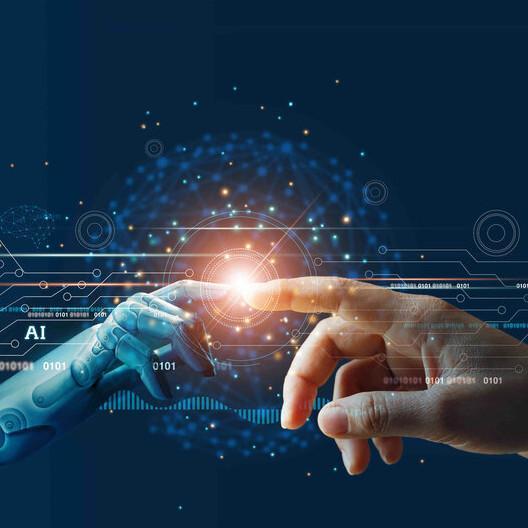 AI, Machine learning, Hands of robot and human touching on big data network connection background, Science and artificial intelligence technology, innovation and futuristic.